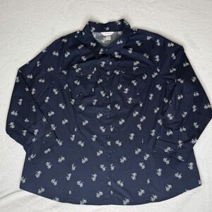 CJ Banks Button Up Shirt Women 2X Dark Navy Bicycle Print Cotton Roll Tab Sleeve